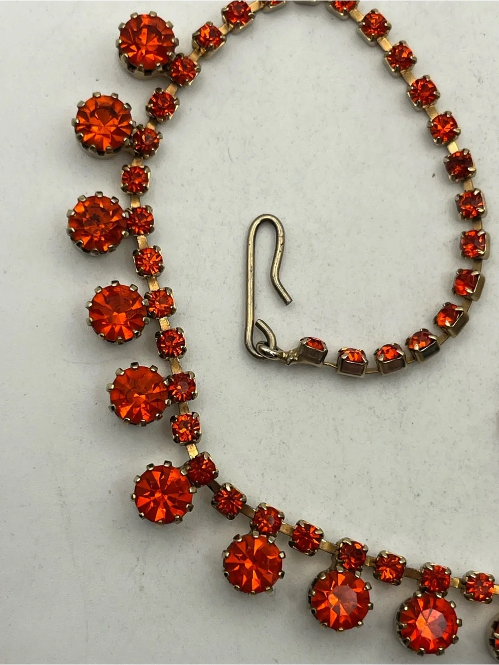 Orange rhinestone tennis necklace gold tone vintage sparkly